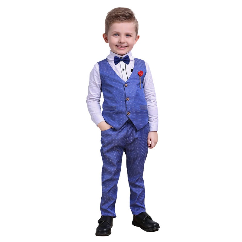 Nwada Boys Suit Set Formal Dress Shirt Bow Tie Slim Vest and Pants Toddler Boy Clothes Suits Blue - Image 1